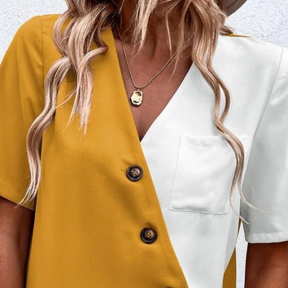 Contemporary Modern Colorblock Button detail Patched Pocket Blouse - Picture 6 of 6